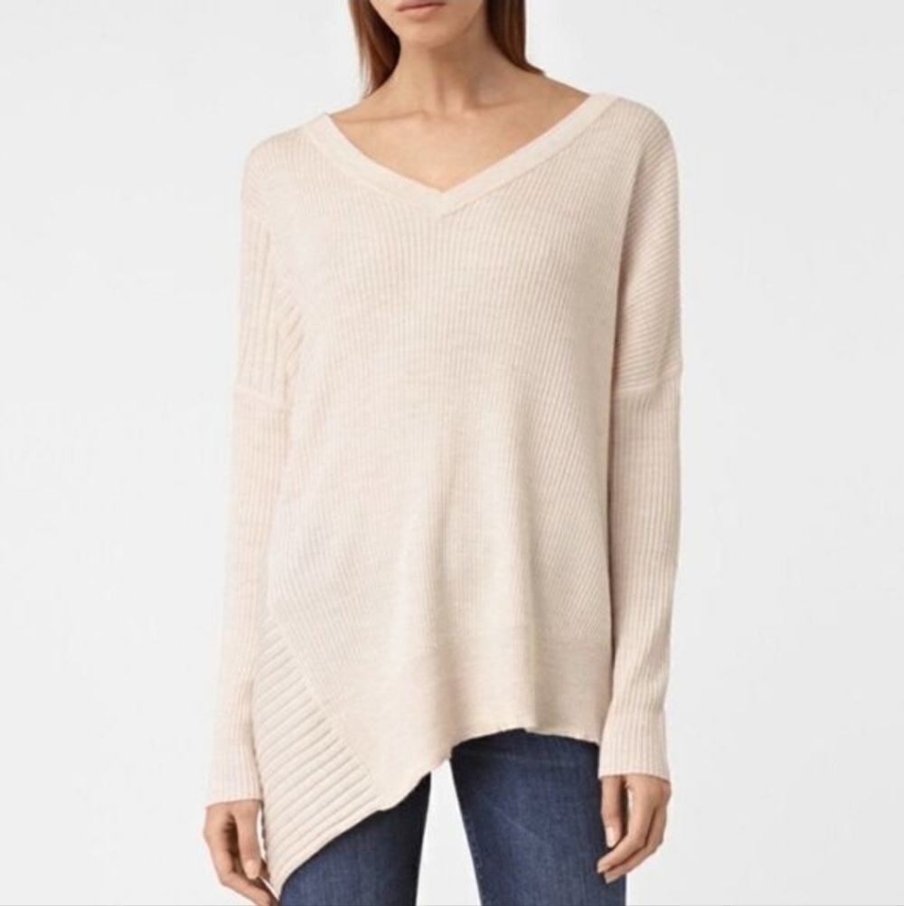 AllSaints Keld V-neck Oversized Assymetrical 100% merino Sweater.